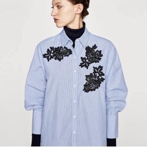 Zara Blue Pinstripe Oversized Appliquéd Shirt NWOT